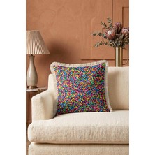 Hanna Home Saçaklı Kırlent Kılıfı Renkli Şekerleme Desenli Dekoratif Yastık Kılıfı Yatak Odası Dekoru 43X43 cm