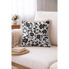 Hanna Home Siyah Dekoratif Çiçekli Saçaklı Kırlent Kılıfı Yastık Kılıfı Ev Dekorasyonu 43X43 cm