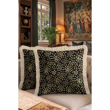 Hanna Home Saçaklı Saçaklı Kırlent Çiçekli Siyah Altın Kırlent Kılıfı Kanepe Dekorasyonu 43X43 cm