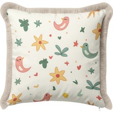 Hanna Home Dekoratif Yastık Kılıfı Kırlent Kılıfı Sevimli Kuş Çiçekli Salon Koltuk Yastığı Saçaklı Kırlent Kılıfı 43X43 cm