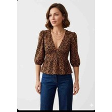 Selda Tekin Kadın Leopar Desenli V Yaka Karpuz Kollu Peplum Krep Bluz