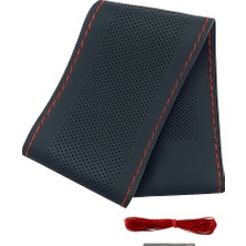 Fantastik Store Lüx Desenli Deri Dikme Direksiyon Kılıfı 38-40CM Siyah Kırmızı Dikişli OND378