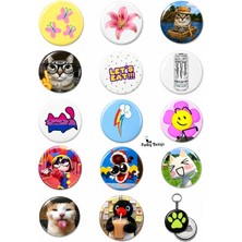 Punky Store Trend-19 15'li Eğlenceli Rozet Seti 1 Adet Açacaklı Anahtarlık Kedi Kawaii Broş Pin
