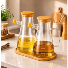 Mafa Home 2'li Bambu Kapaklı Bambu Stantlı Cam Yağlık Sirkelik Sosluk 900 ml