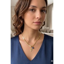 Balenbi Kadın Nazar Boncuğu ve Yaprak Figürlü Gold Renk Kararmaz 40+5 cm Çelik Kolye 1081