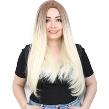 MiraLive Fiber Sentetik Uzun Düz Peruk - Kumral / Platin Ombreli