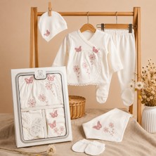 Lilliy %100 Pamuklu 5'li Kız Bebek Hastane Çıkış Seti – Yenidoğan Nakışlı Bebek Takımı, Şapka, Eldiven ve Önlük Seti – Beyaz Pudra