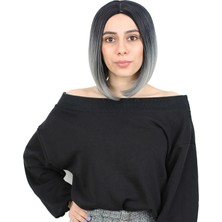 MiraLive Kahkülsüz Düz Kısa Fiber Sentetik Peruk - Siyah / Gri Ombreli