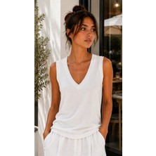 Hayalet Kadın V Yaka Kolsuz T-Shirt Ultra Soft Basic Bluz