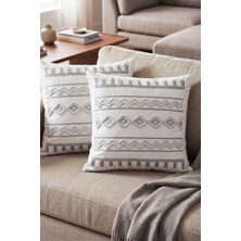 Melaris Halı Punch Kırlent Kılıfı 2 Adet Nakışlı 43X43CM Dekoratif Işlemeli Yastık Kılıf Seti Iskandinav Bohem Panç Örgü