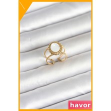 Havor Vintage Sedefli Kadın Yüzük 316L Çelik Gold Renk Ayarlanabilir
