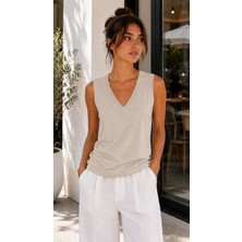 Hayalet Kadın V Yaka Kolsuz T-Shirt Ultra Soft Basic Bluz