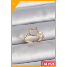Havor Ayarlanabilir Pirinç Kedi Figürlü Kadın Yüzüğü Inci Detaylı