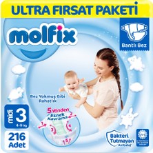 Molfix 3 Beden Bebek Bezi Ultra Fırsat Paketi 108X2 216 Adet