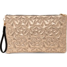 Ecrou Yıldız Desenli Gold Parlak Portföy & Clutch Çanta Çıkarılabilir Bileklik Askılı 30 × 19 cm