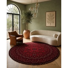 Kalesta Halı Şiraz 02 Red Afgan El Dokuma Görünümlü Yuvarlak Kilim – Yıkanabilir Dekoratif Kilim El Dokuma Desenli Yuvarlak Kilim Hav Toz Vermez Salon, Mutfak, Koridor Yıkanabilir Kaymaz Kilim