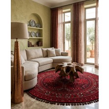 Kalesta Halı Şiraz 04 Red Afgan El Dokuma Görünümlü Yuvarlak Kilim – Yıkanabilir Dekoratif Kilim El Dokuma Desenli Yuvarlak Kilim Hav Toz Vermez Salon, Mutfak, Koridor Yıkanabilir Kaymaz Kilim