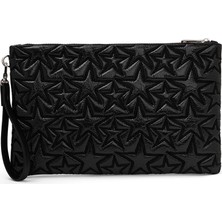 Ecrou Yıldız Desenli Siyah Parlak Portföy & Clutch Çanta Çıkarılabilir Bileklik Askılı 30 x 19 cm