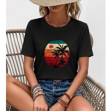 Moda Loris Kadın Kısa Kollu Palmiye Baskılı Viskon Bluz