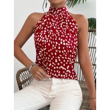 Gökyüzü Moda Kadın Omuzlardan Balıkçı Yaka Arkadan Bağlamalı Desenli Süprem Bluz