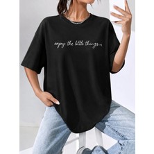 Efnaz Style Kadın Kısa Kollu Önü Yazı Baskılı Basic Viskon Bluz