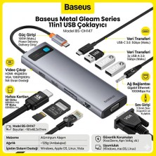 Baseus Metal Gleam 11 Port Type-C Hub Adaptör, 4K@60Hz Dual Display, HDMI VGA, 100W PD, Gigabit Ethernet, SD/TF Kart Okuyucu
