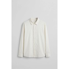 Abluka Online Erkek Oversize Çizgili Boxy Fit Uzun Kollu Gömlek Ekru