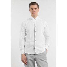 İmza Beyaz Ata Yaka Uzun Kol Cepsiz Slim Fit Pamuklu Gömlek 1004260415