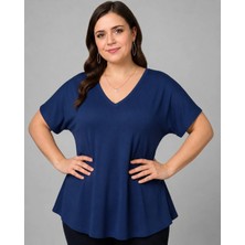 Curvy Trend Büyük Beden V Yaka Kısa Kol Geniş Etekli Bluz