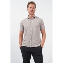 İmza Bej Italyan Yaka Kısa Kol Cepsiz Slim Fit Esnek Gömlek 1004260159
