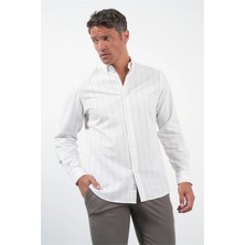 İmza Beyaz-Haki Yumuşak Yaka Uzun Kol Slim Fit Pamuklu Gömlek 1004260259