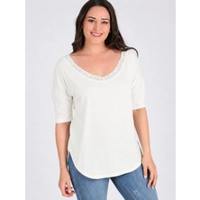 Curvy Trend Büyük Beden Geniş Dantel Yaka Yarım Kol Yan Yırtmaç Bluz