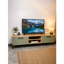 Mbk Ahşap Modern Tv Ünitesi 180 cm Başak Meşe - Adaçayı Yeşili Kapaklı Televizyon Sehpası Raflı Tv Dolabı