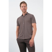 İmza Kahverengi Italyan Yaka Kısa Kol Cepsiz Slim Fit Esnek Gömlek 1004260159