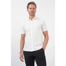 İmza Beyaz Italyan Yaka Kısa Kol Cepsiz Slim Fit Esnek Gömlek 1004260159