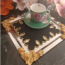 Lasetu Adreanna Gold Sim Işlemeli Siyah Kumaş Kahve Yanı, Sunum Peçetesi ve Kokteyl Peçetesi 6 Adet