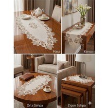 NEEA HOME Gardenya Kumaş Fransız Dantel 5’li Salon Takımı Keten Görünümlü Ekru Runner Sehpa Örtü Seti
