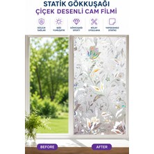 Deconitte Gökkuşağı Efektli Çiçek Desenli Buzlu Statik Cam Filmi Yapışkansız Dekoratif Pencere Kaplama, Duşakabin, Kumlama 60CMX100CM