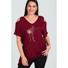 Curvy Trend Büyük Beden Breathe Baskılı Omuzu V Pencere Kısa Kol Bluz