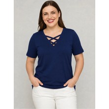 Curvy Trend Büyük Beden V Yaka Çapraz Bantlı Kısa Kol Bluz