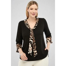 Curvy Trend Büyük Beden Leopar Desenli Kravat ve Volan Truvakar Kol Yan Yırtmaçlı Bluz