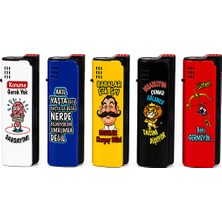 Onr Store Komik Yazılı Gazlı Çakmak Seti 5\'li Karışık Desenli Hediyelik Koleksiyon Çakmağı