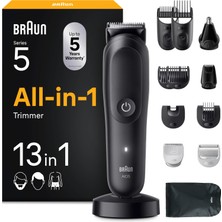 Braun All-In-One Series 5,13'ü 1 Arada Çoklu Bakım,sakal Kesme Makinesi, Burun Kılı Kesme Makinesi, Yüz, Baş ve Vücut Için Kıl Kesme MAKINESI,120 Dakika Pil,14  (0,5-21 Mm),su GEÇIRMEZ,AIO5565,SIYAH