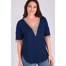 Curvy Trend Büyük Beden V Yaka Bej Dantelli Yarım Kol Yan Yırtmaç Bluz