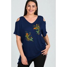 Curvy Trend Büyük Beden Koi Fish Baskılı Omuzu V Pencere Kısa Kol Bluz