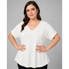 Curvy Trend Büyük Beden V Yaka Kısa Kol Geniş Etekli Bluz