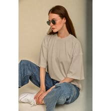 Guaraz Kadın Oversize Bisiklet Yaka %100 Organik Pamuk Düz Basic Yazlık T-Shirt