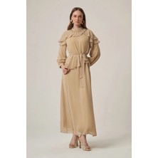 Ftz Women Kadın Şifon Yaka Taşli Elbise  Beige 31379