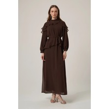 Ftz Women Kadın Şifon Yaka Taşli Elbise  Kahve 31379