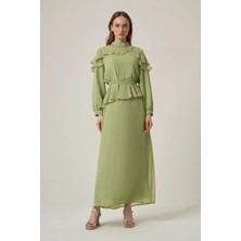 Ftz Women Kadın Şifon Yaka Taşli Elbise  Olive 31379
